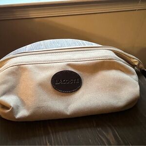 Lacoste Cream Canvas Toiletry Bag with Brown Logo Patch